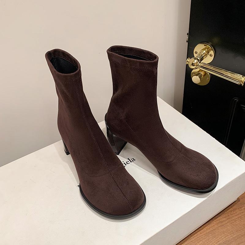 Popular fashion elastic thin boots small short boots 2025 new Korean round head thick heel versatile high heel commuter women's boots