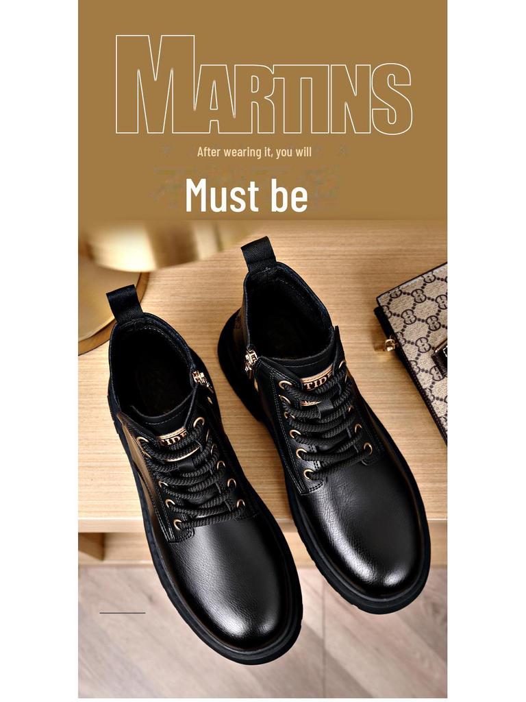 Męskie buty Martin do połowy łydki - Zimowe plus aksamit, Skórzane buty z wysoką cholewką i grubą dwuwarstwową podeszwą z krowiej skóry.