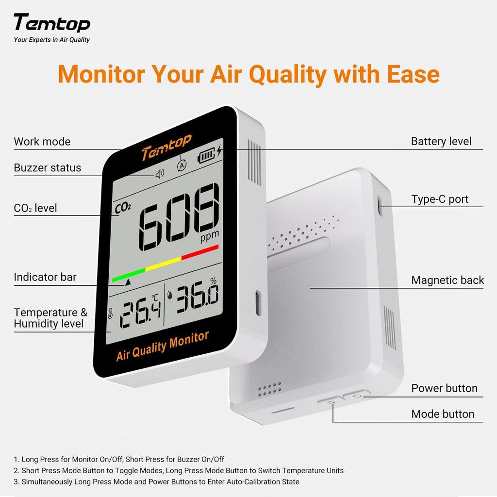 Temtop CO2 Portable Air Quality Monitor with Thermometer and Large Supports 5000 for and School Monitor, Hygrometer, Real-Time Detection, Screen, Ppm,