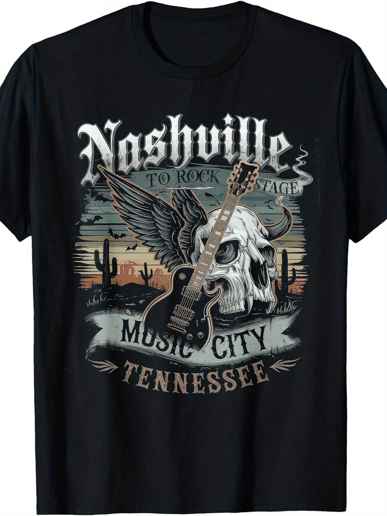 

Men S Graphic T-Shirt from Nashville Music City - Crew Neck Tee Featuring Skull And Guitar Print S