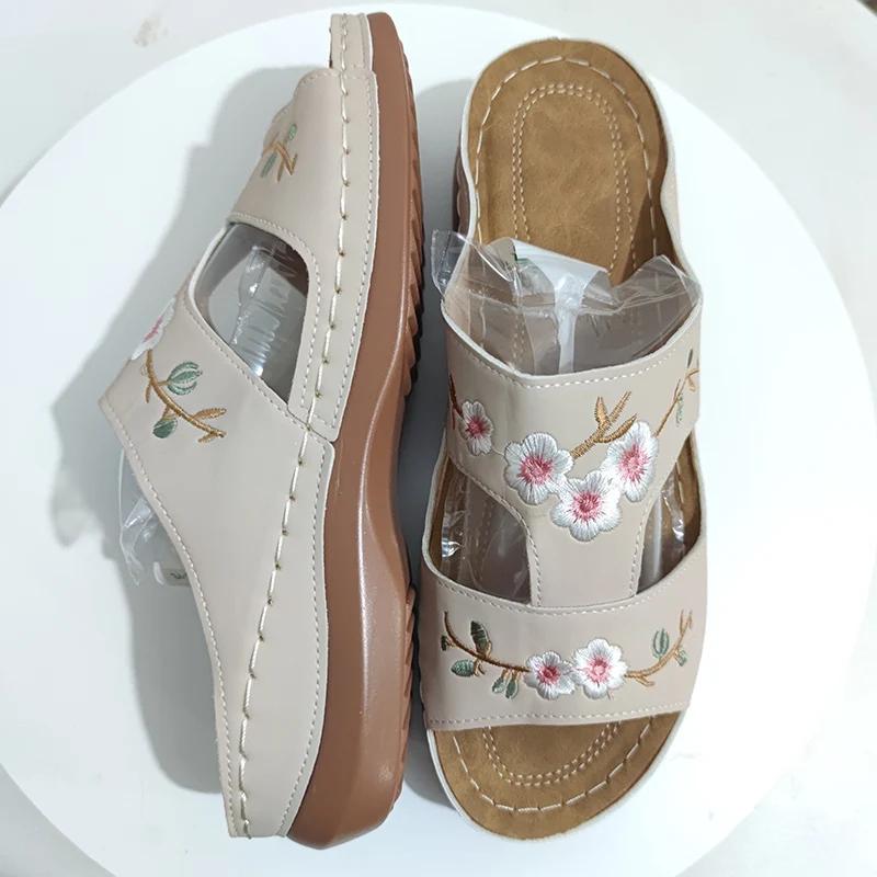 Fashion Rimocy Women's Wedges Slippers Summer 2025 Plus Size 43 Embroidery Sandals Shoes Woman Beach Casual Soft Sole Flip Flops Mujer