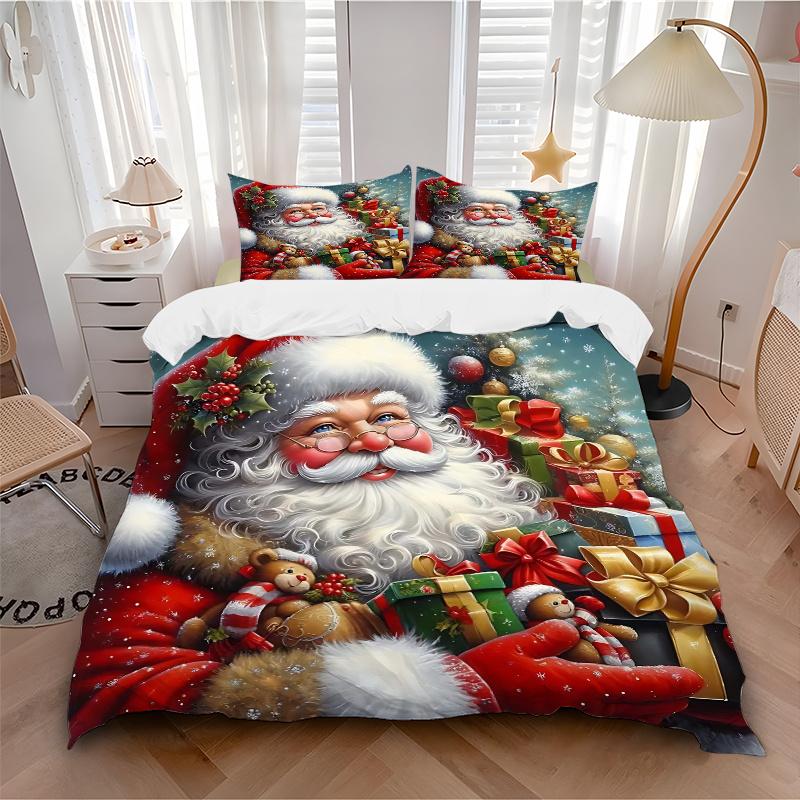 3pcs Santa Claus with Christmas Gifts Printed Bedding Set, Soft and Comfortable Quilt Cover for Bedroom, Guest Room (1 Duvet Cover + 2 Pillowcases