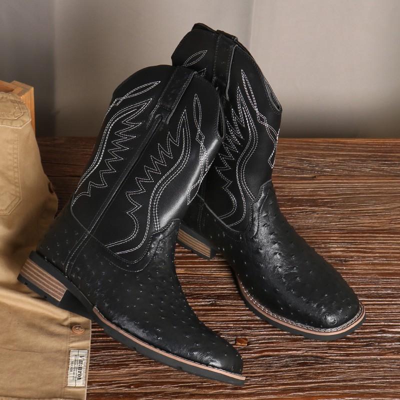882 Cowboy Boots Men Retro Western Embroidered Martin Fall Casual Round Toe Square Heel High Top