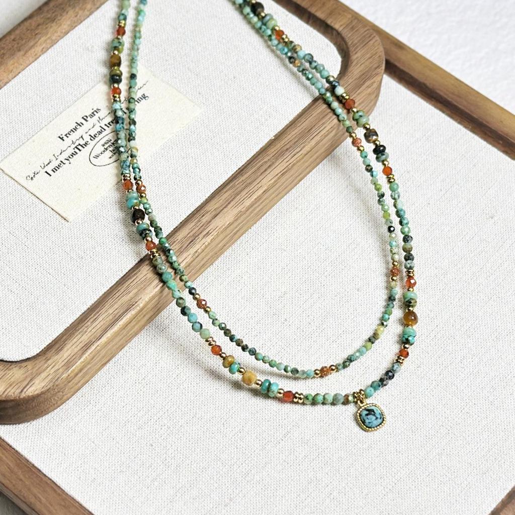 Mori-Style Turquoise Beaded Titanium Steel Necklace - Versatile Retro Sweater Chain for Women