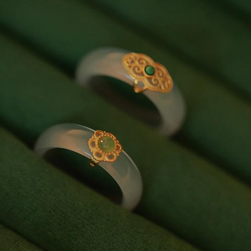 Natural High-ice White Chalcedony Ring Retro Imitation Jade Ring Fashion Delicate Stone Jewellery Hanfu Matching Hand Ornaments