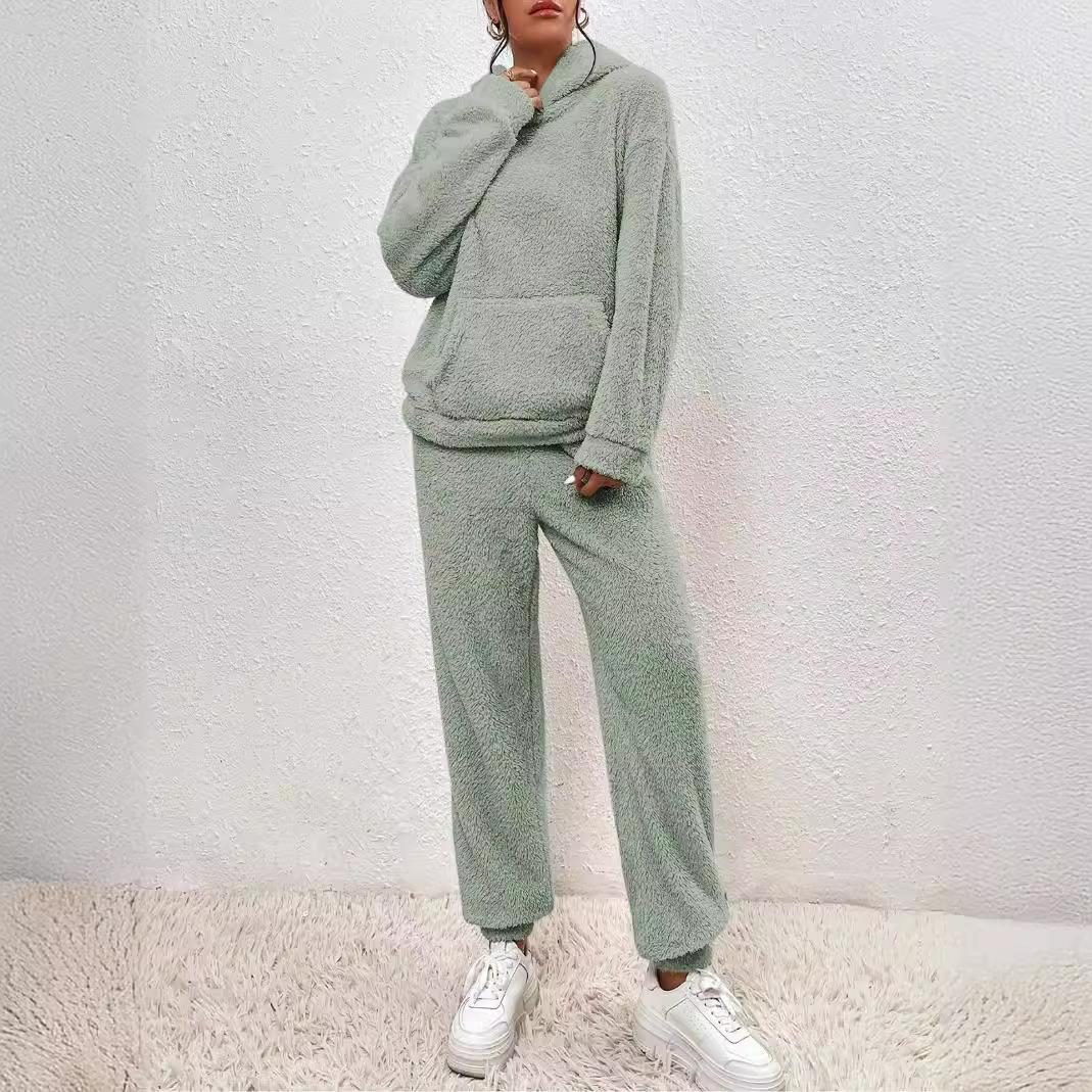 

QICED Осенне-зимний однотонный женский худи с длинными рукавами, накладными карманами, повседневные брюки, домашний комплект из двух предметов XXXL зелёный