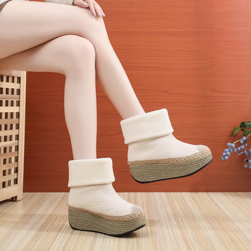 Fashion Retro Women's Cotton Shoes 2024 Winter New Round Toe Women's Casual Sloping Heel Cloth Shoes High Top with Frayed Edges Sneakers