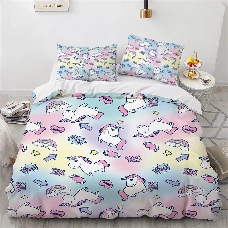 Cartoon Unicorn Duvet Cover Floral Bedding Set Microfiber Flying Horse Comforter Cover Full Queen For Boys Girls Bedroom Decor