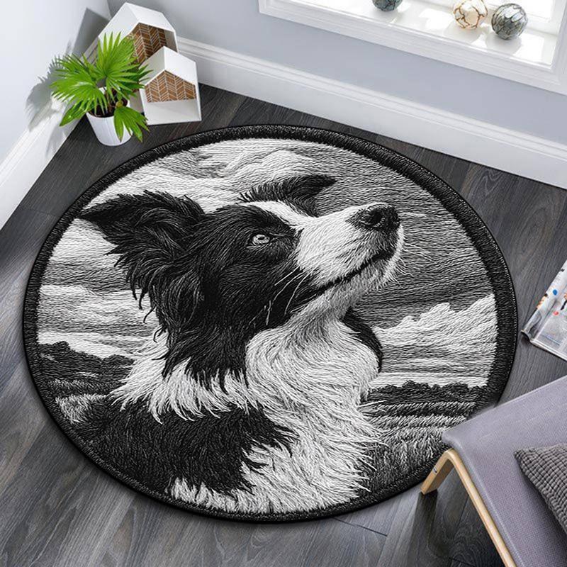 Border Collie Runder Teppich, Teppich für Wohnzimmer Schlafzimmer Sofa Spielzimmer Dekoration, Rutschfeste Bodenmatte