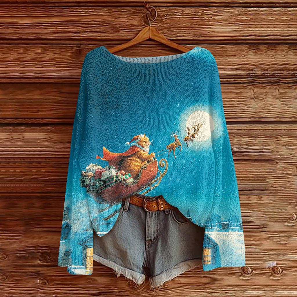 Maglia da donna alla moda a girocollo a maniche lunghe con stampa natalizia casual