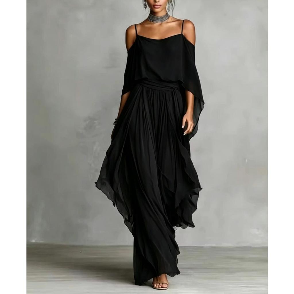 Women's Loose Fit Two Piece Outfit Set Off Shoulder 3/4 Sleeve Top High Waist Wide Leg Pants