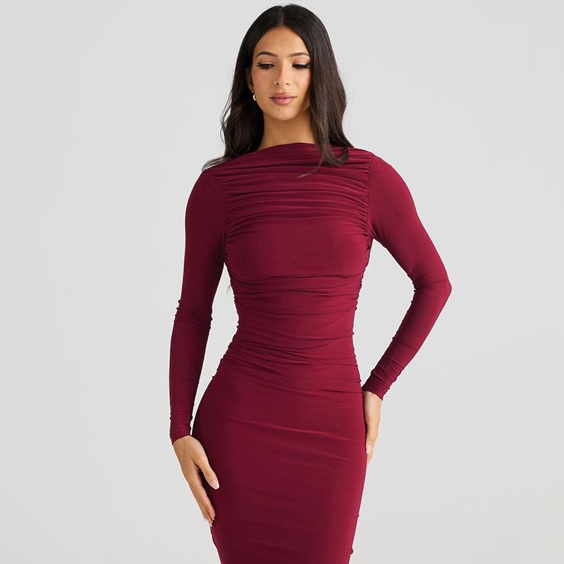 Vestido Tooxika de primavera y otoño para mujer, sexy, sin espalda, plisado, ajustado, con cuello redondo y manga larga