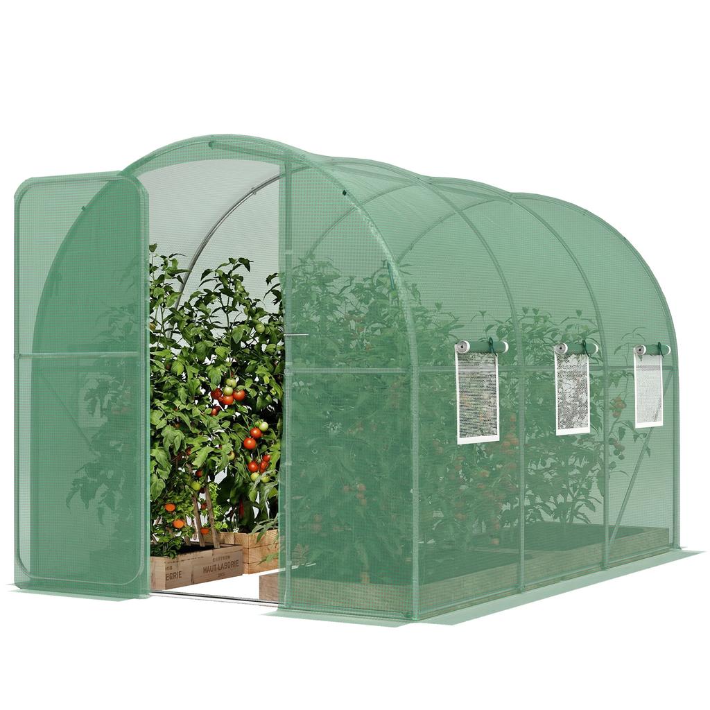 2 x 3 m Walk-in Polytunnel Greenhouse with Hinged Door and 6 Roll Up Mesh Windows, Garden Tunnel Warm House Tent, Green