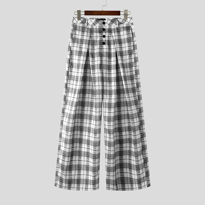 INCERUN Men Summer Zip-up Waist Plaid Print Casual Long Wide Leg Pants M чёрный