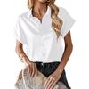Women Turn Down Collar Satin Blouse Rolled Short Sleeve Button Down Loose Casual Elegant Office Tops