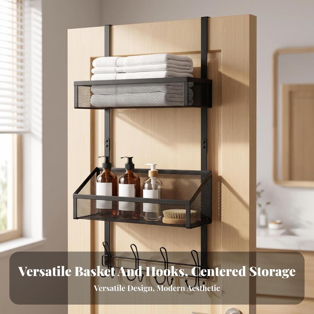 Over-Door Storage with Hooks and Baskets Compact for Pantry, Bedroom