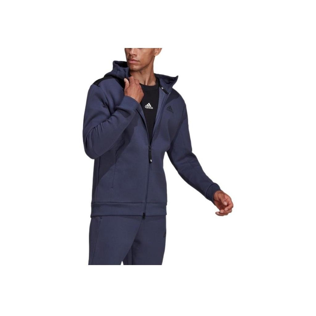 Adidas Solid Color Logo Applique Zip-Up Hooded Jacket Men Tops Blue HC5780
