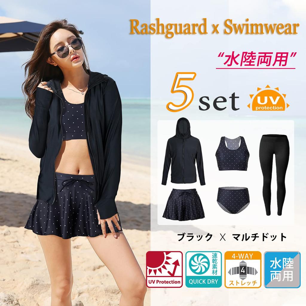Fitness Long Sleeve Rash Guard with Plus Women's Swimsuit, Hood, Bikini, Shorts, Leggings, 5-Piece Set, Sizes, Figure-Flattening