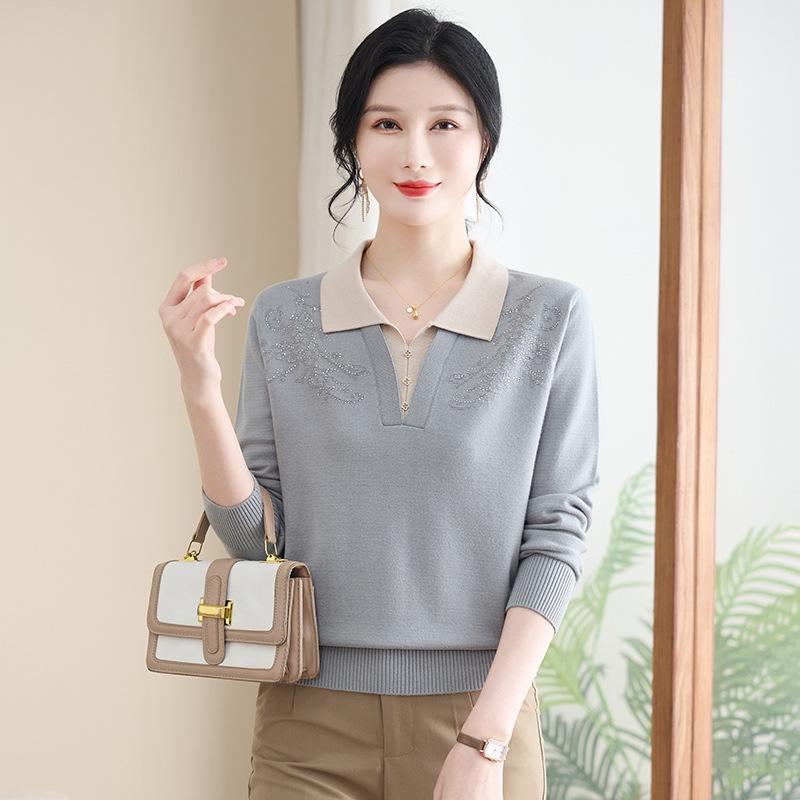 Spring Knitted Top for Middle-Aged & Elderly Women - Turn-Down Collar Loose Pullover Sweater, Casual & Versatile 50s/60s Style