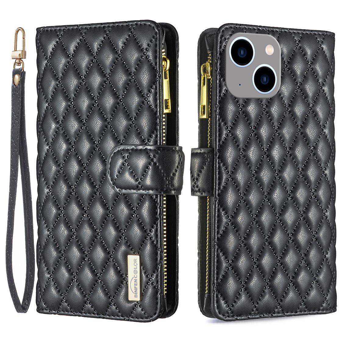 

BINFEN COLOR BF Style-15 For iPhone 15 Plus Flip Case Zipper Pocket Wallet Phone Stand Shell PU Leather Cover Black