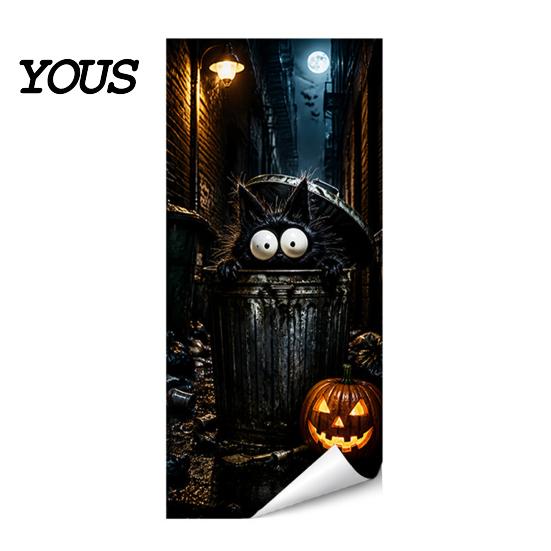 Outdoor Trash Can Decal Halloween Sticker, Spooky Bat Cat Pumpkin Ghost Wheelie Bin Decal, Large Adhesive Vinyl Wall Art Waterproof