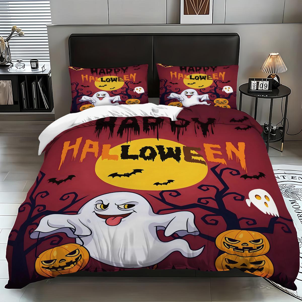 

3pcs Halloween Castle Ghost Printed Coreless Quilt Set Multi Size Bedroom Dormitory Bedding Decoration Soft Machine Washable 135x200cm-EU-Single&set