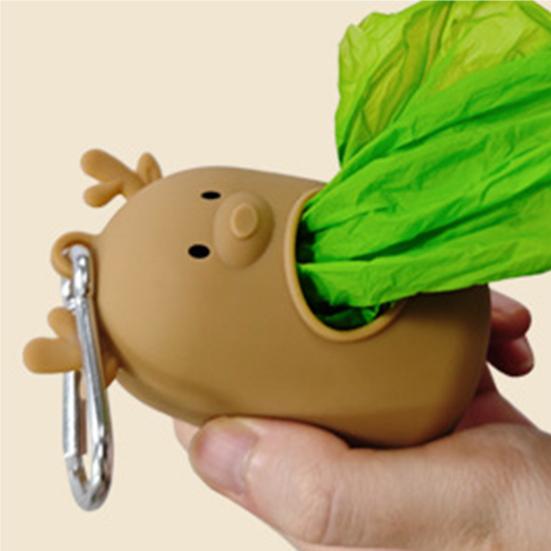 Dog Poop Bag Dispenser, Silicone Dog Waste Bag Holder with Carabiner, Portable Cute Elk Poop Bag Holder for Dogs Cats