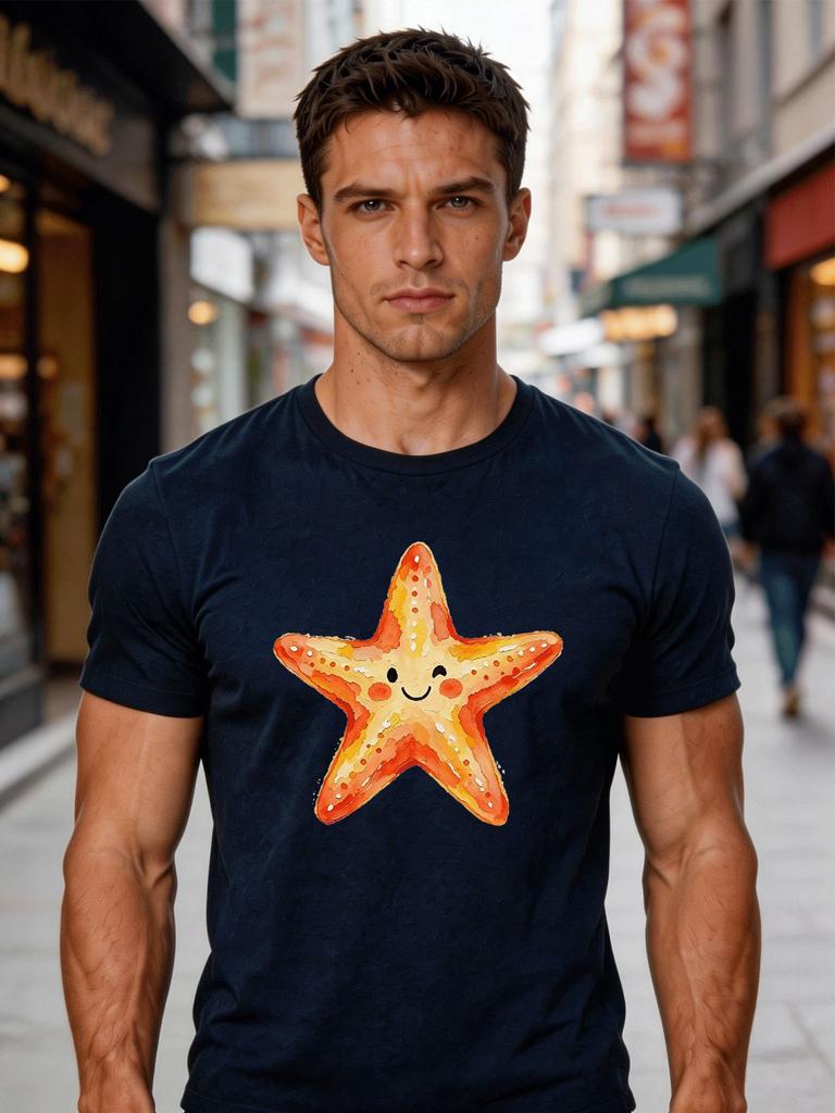 Male Cotton Short Sleeve T Shirt Happy Starfish Ocean Animal Print Loose Crew Neck Trendy Casual Summer Tees For Young Adult Unisex