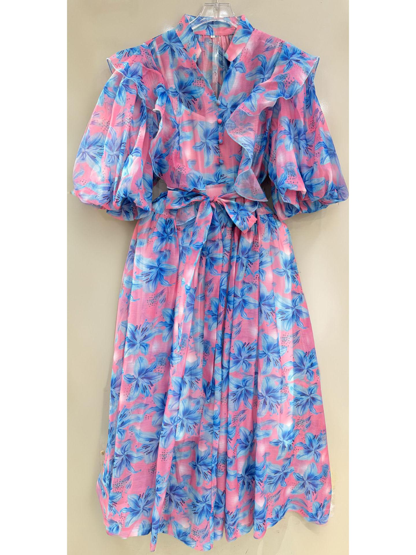 Elegant V-Neck Ruffled Puff Sleeve Dress with Waist-Cinching Design XXL