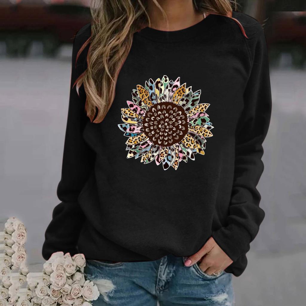 Women's Fashion Casual Print Round Neck Sweater Loose Sports Tops Pullover