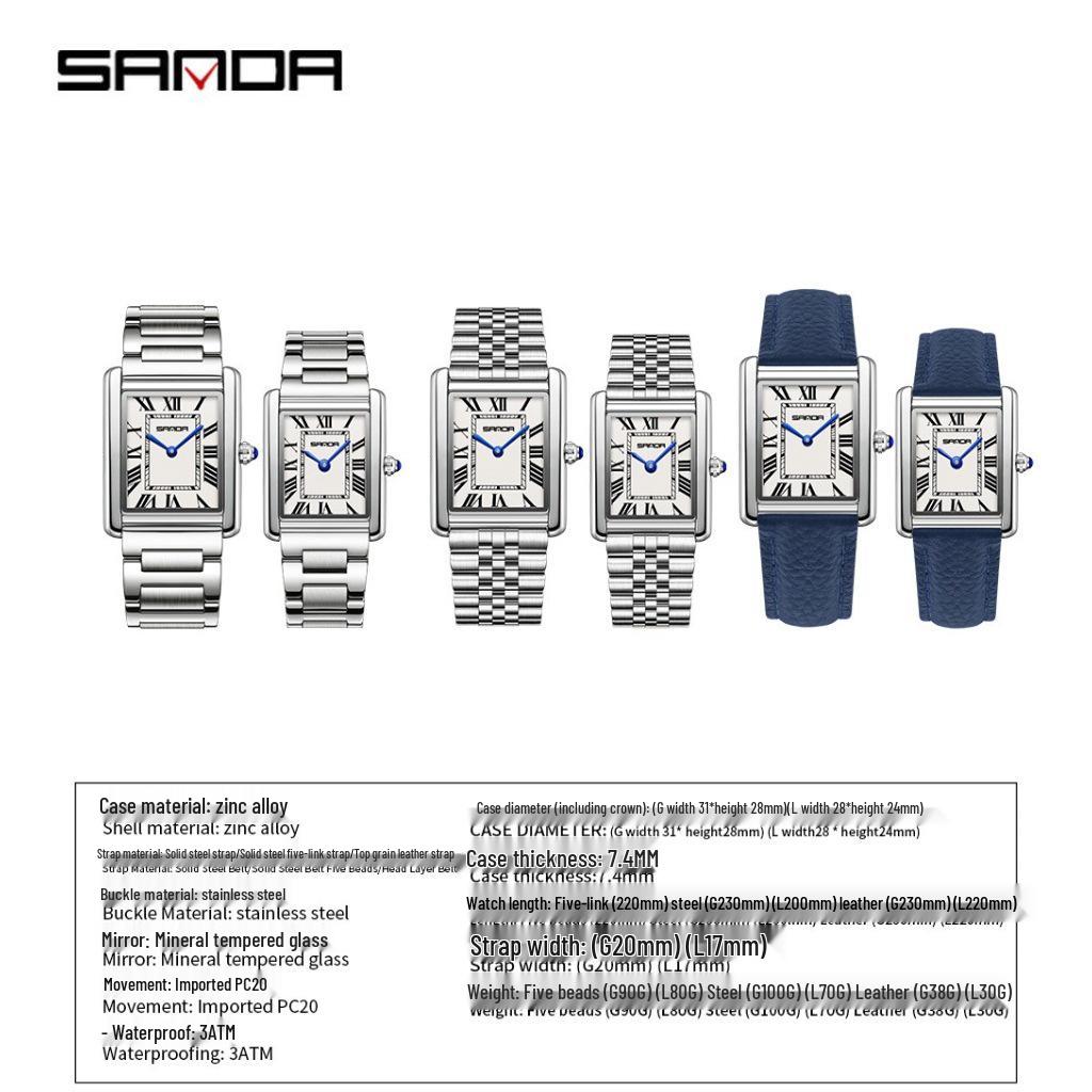 Montre à Quartz pour Femme Sanda, Petit Cadran, Chiffres Romains, Mode Étanche Rectangulaire, Design Couple.