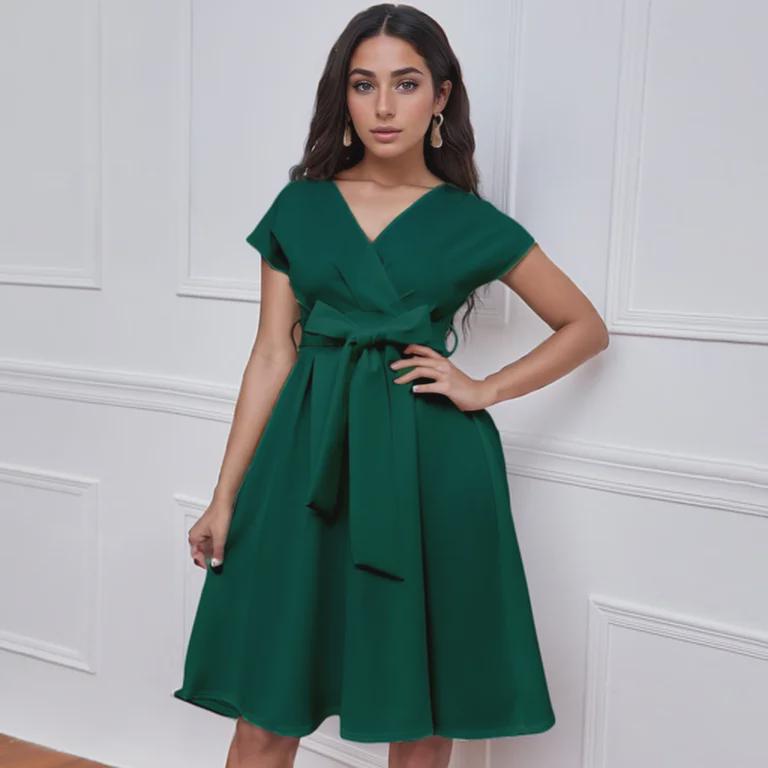 Sommar V-ringad Enfärgad Midja Knytskärp Swingklänning för Europeisk & Amerikansk Mode