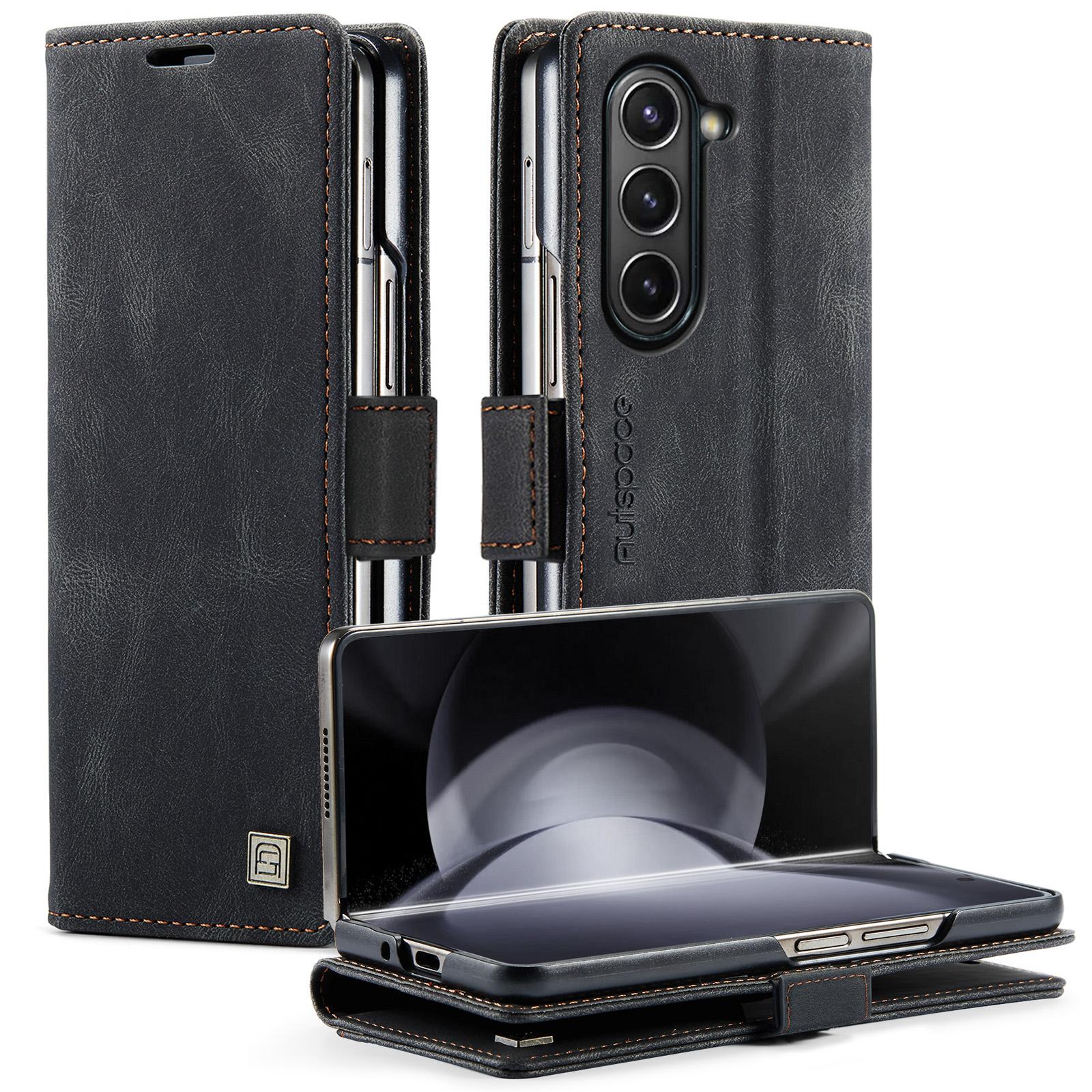 

For Samsung Galaxy Z Fold6 5G Wallet Case AUTSPACE A01 Leather Stand Cover with RFID Blocking Card Holder Black