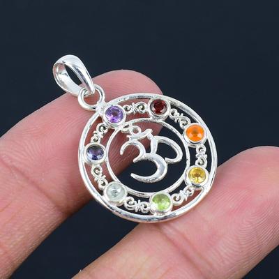 Natural Seven Chakra Om Shiva Gemstone Pendant, 925 Sterling Silver, Handmade Pendant Jewelry Gift For Valentine's Day