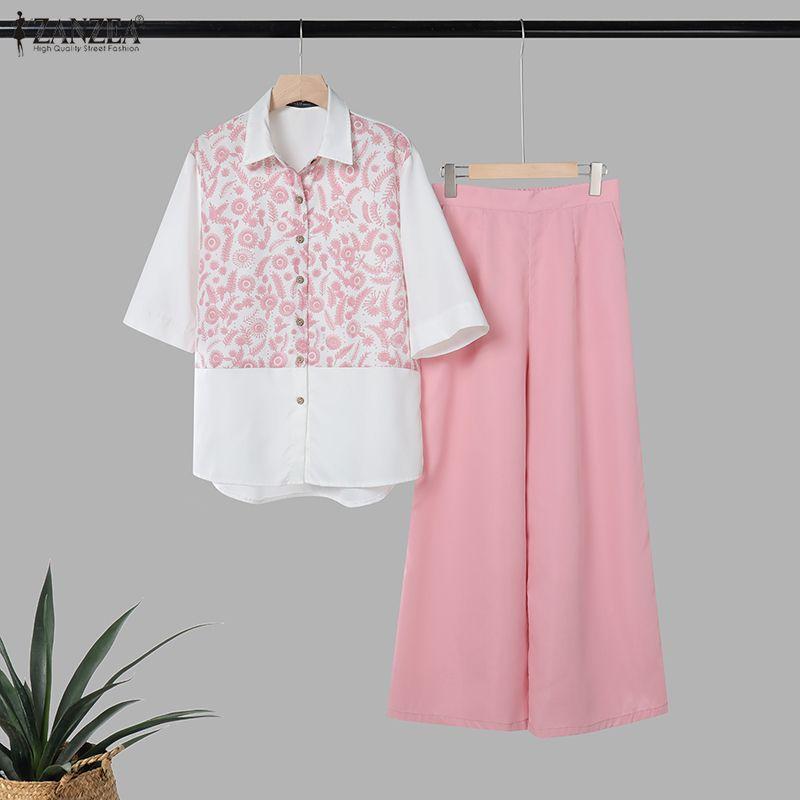 ZANZEA Seturi costume casual din două piese pentru femei, bluză cu mâneci 3/4 cu imprimeu și pantaloni