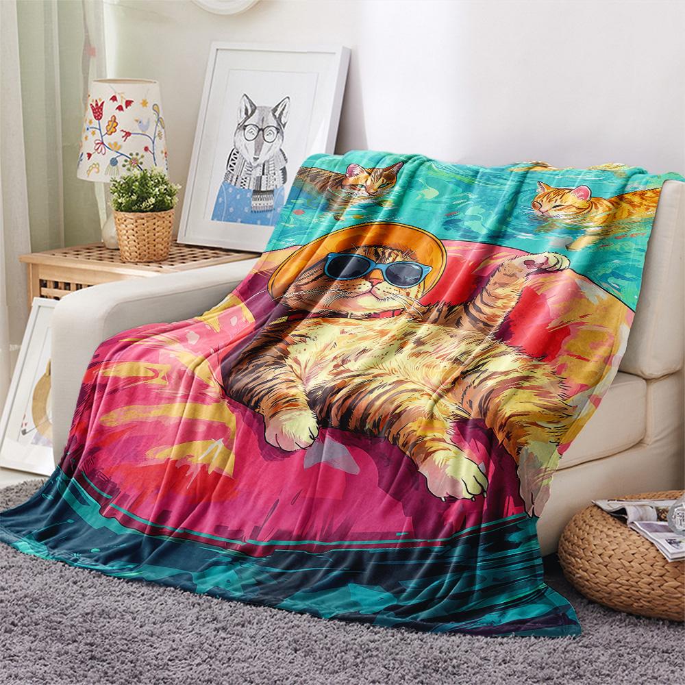 Cats with Swim Rings  Print Flannel Blanket, High quality Comfortable for All Seasons, Home Decor, Warmth and Comfort