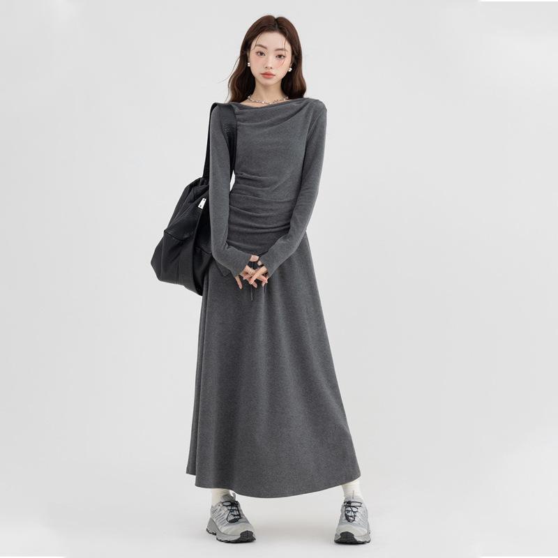 Elegant Autumn Two-Piece Set: Long Sleeve Irregular Top & One-Shoulder Midi Skirt