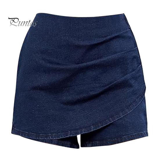Fashionable High Waist Shorts Denim Skorts for Women, Waisted Faux Wrap Short Skirt, Daily Wear Women Asymmetrical Hem Stretchy Jean Summer S