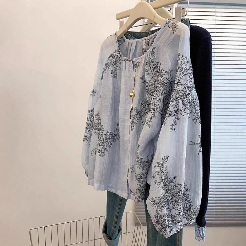 New Chinese Style National Style Embroidered Blue Long-sleeved Shirt for Women Loose and Lazy Style Top High-end Light Luxury
