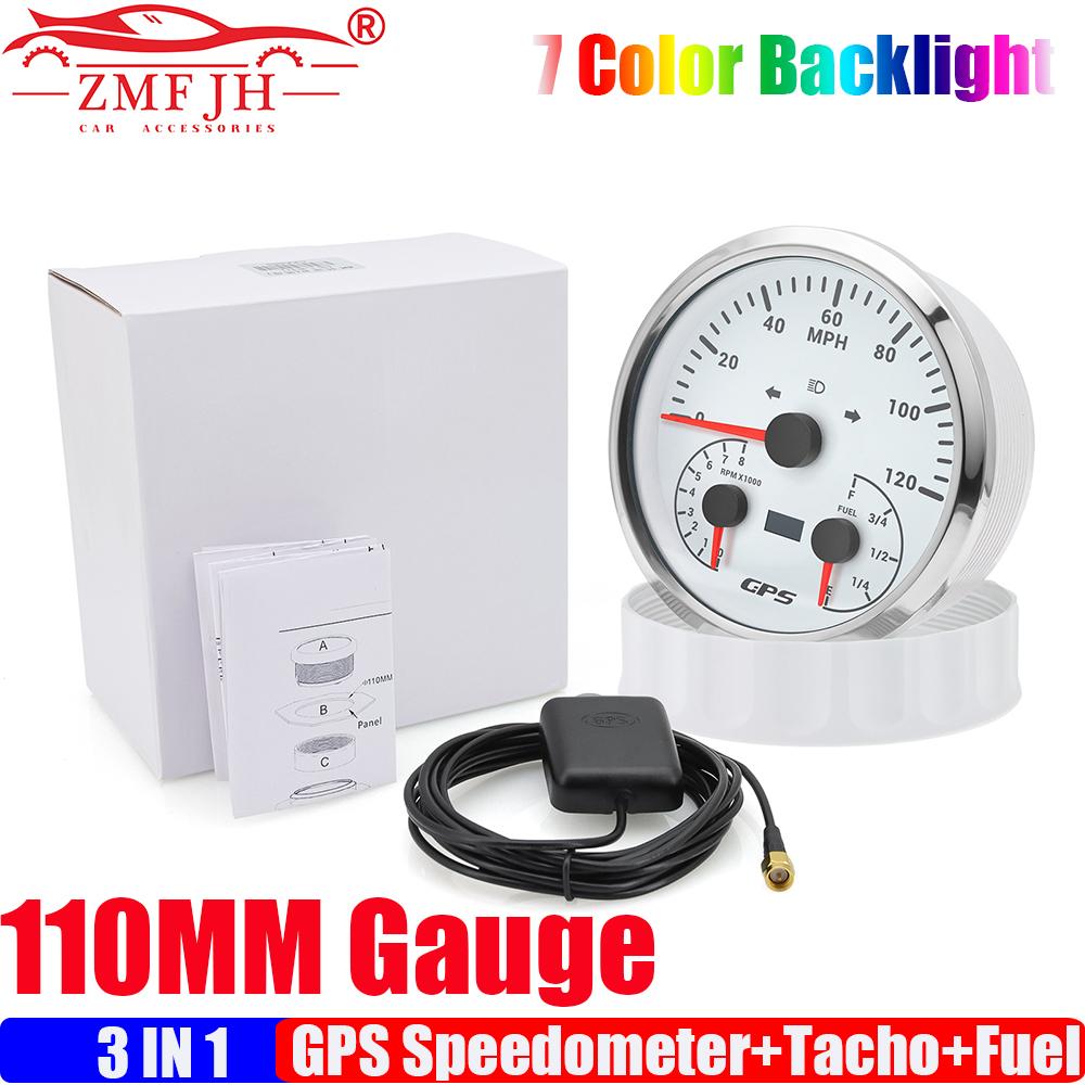 

ZMFJH 110MM Мультиметр 0-120 MPH GPS Спідометр+Тахометр+Датчик рівня палива 0-190 Ом Дальнє світло Морський Автомобіль Човен 7-кольорове підсвічування 120MPH WS