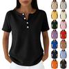 Lässiges Damen-T-Shirt in verschiedenen Farben, V-Ausschnitt, kurzen Ärmeln und Zierknöpfen.