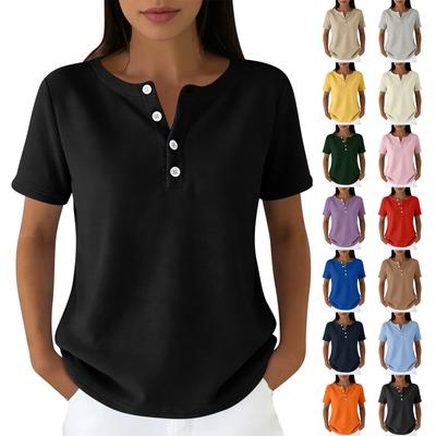 Women's Casual Color V-neck Short-sleeved T-shirt With Decorative Buttons.
