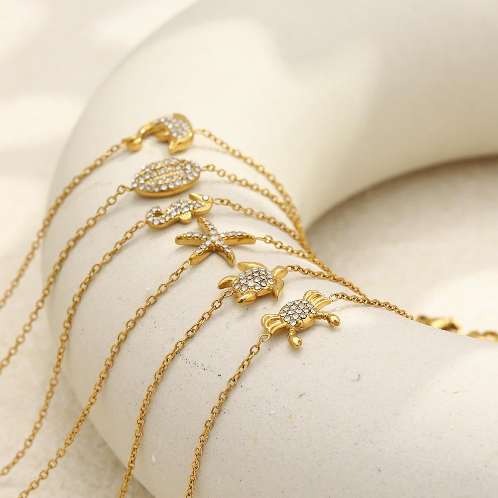 Stainless Steel Sea Turtle Starfish Seahorse Pendant Gold Color Chain Bracelet for Women Luxury Rhinestone Summer Ocean Jewelry