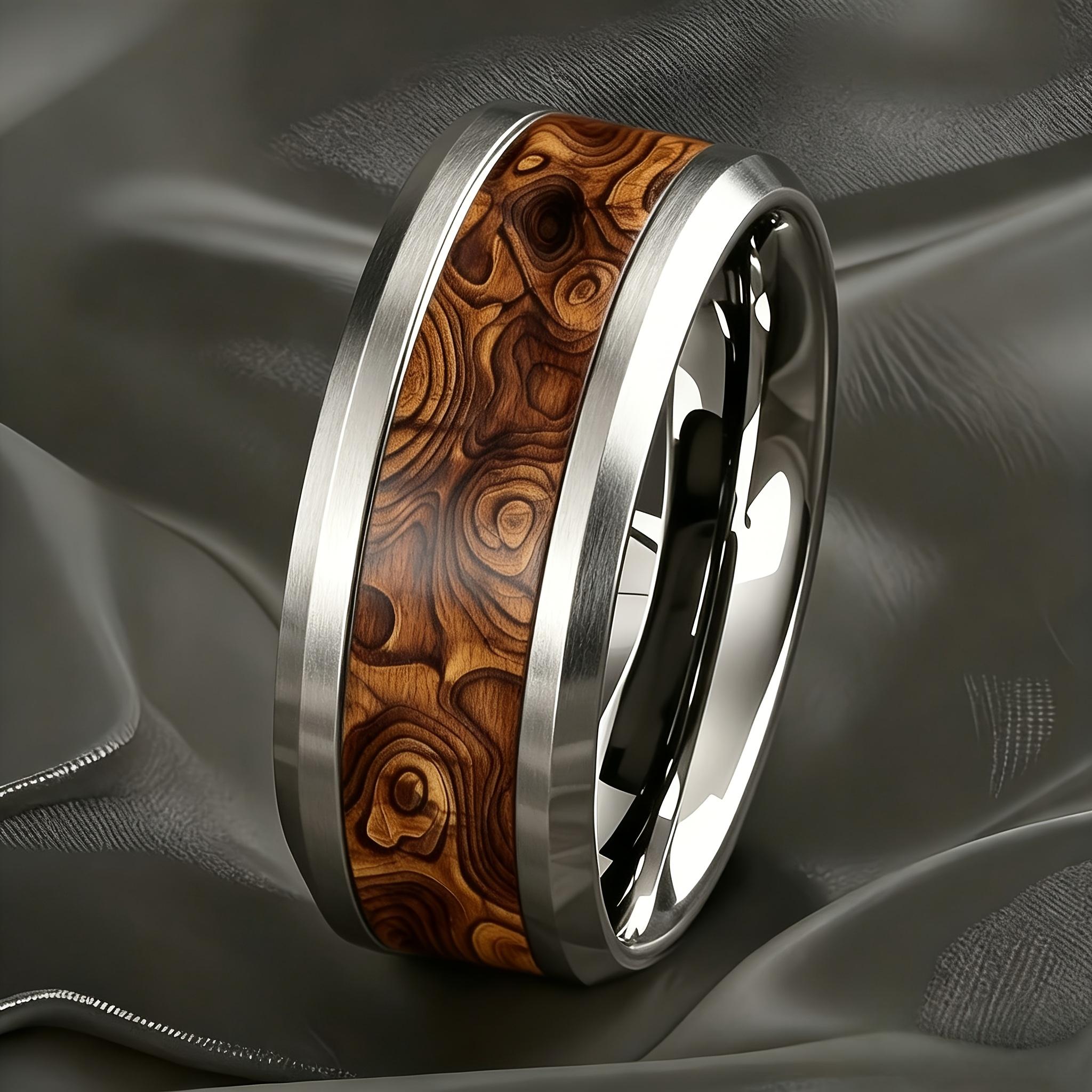 Modischer 8mm Kupferfarbener Herren-Edelstahlring mit brauner Koa-Holzmaserung Inlay Ringe für Herren Damen Ehering Schmuck Geschenk 12 white