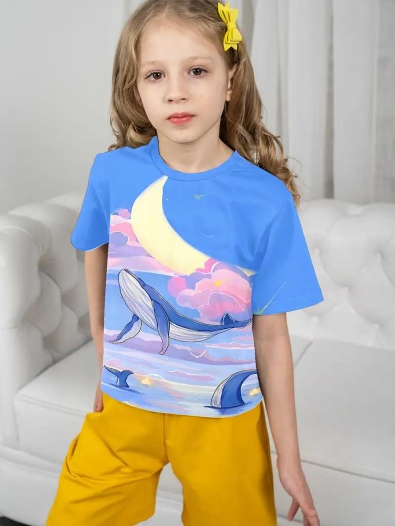 Summer T-shirt for Girls Cute Cat Print Tops Fashion Comfort Round Neck Short-sleeved Outdoors Quick-drying Children's Clothing