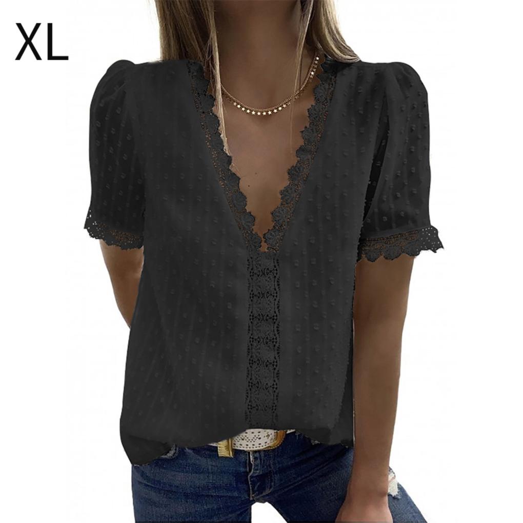 Woman T-shirt Short Sleeve V Neck Solid Color Casual Breathable Lace Loose Blouse Travelling Dating Working Shirt Clothing
