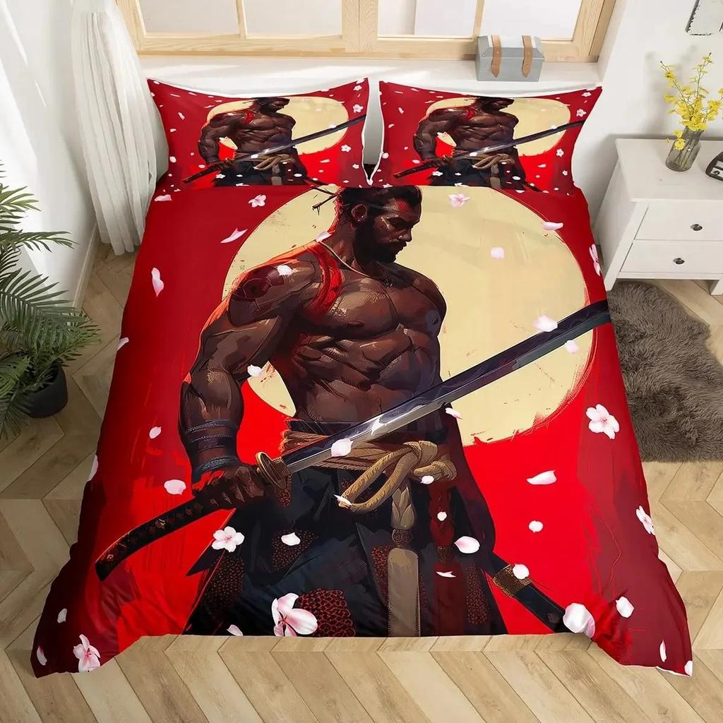 Japanese Samurai Full Size Bedding Set Cherry Blossoms Red Sun Hokusai Duvet Cover Fuji Mountain Quilt Comforter Cover