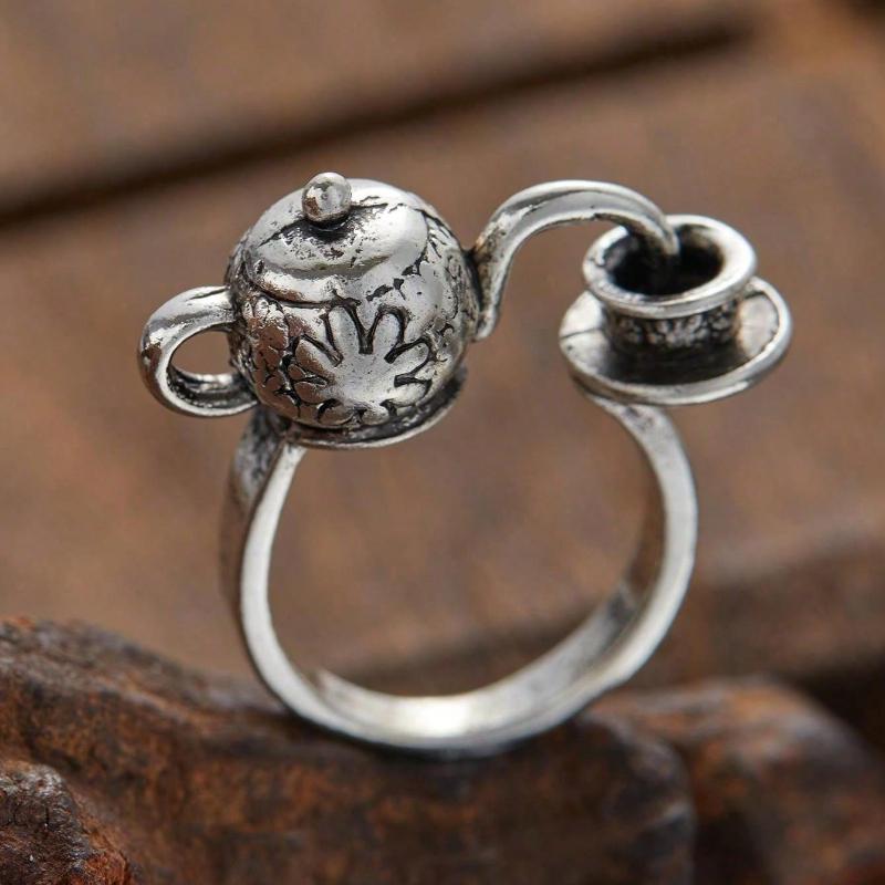1PC Vintage Temperament Floral Pattern Pouring Teapot Geometric Adjustable Opening Ring For Men Fashion Jewelry Accessories
