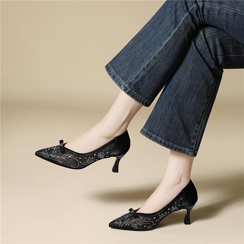 Gentle wind commuter women's shoes pointed temperament early spring single shoes mesh embroidery butterfly rhinestone stiletto high heels