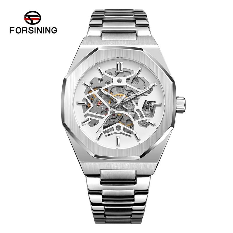 Fashion Forsining Top Brand Automatic Mechanical Men Full Steel Military Army Sport Male Clock Luxury Silver Skeleton Man Watch